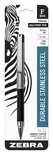 Zebra F-301 Compact Ballpoint Stainless Steel Capped Pen, Fine Point, 0.7mm, Black Ink, 1-Count