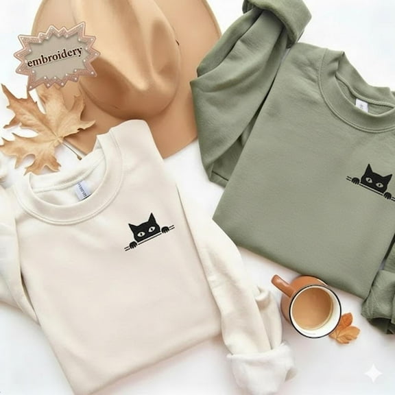 Cute Cat Embroidered Sweatshirt, Peeking Cat Crewneck, Cozy Cat Mom Shirt, Perfect Gift for Cat Lovers