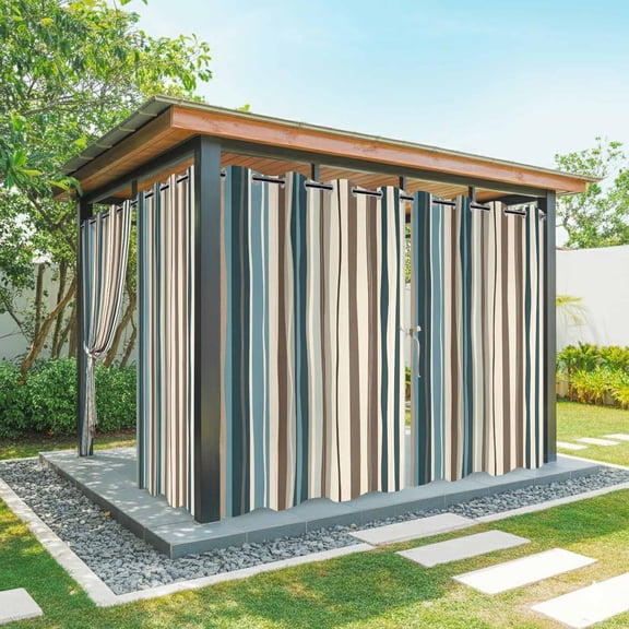 Boho Vertical Stripe Outdoor Curtains for Patio Waterproof, Green Beige Simple Lines Grommet Curtains for Porch Outside Privacy Drape for Gazebo Garden Pergola, 2 Panels, 54x108in