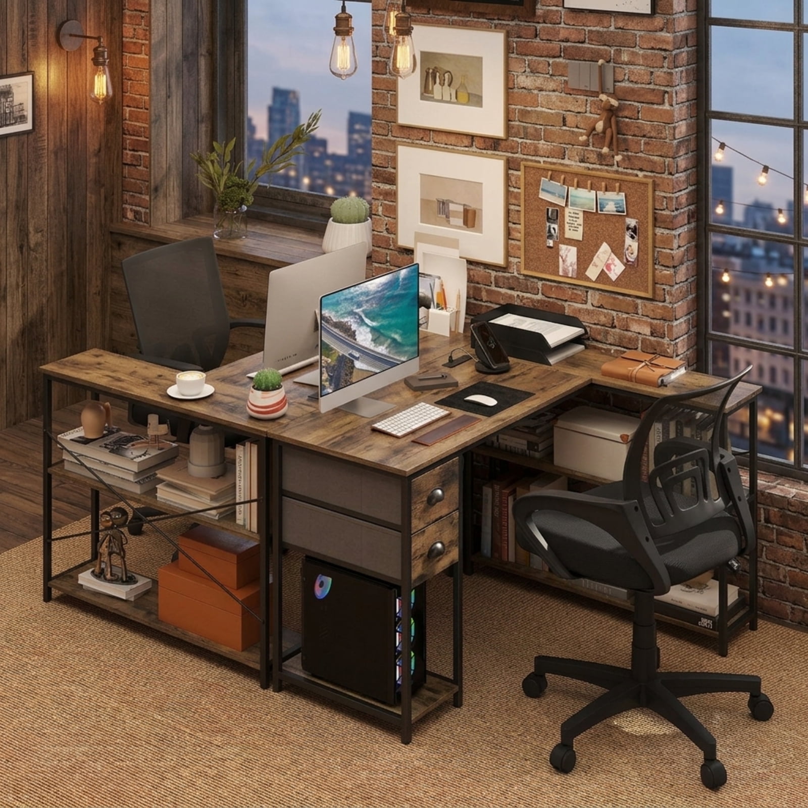Furnibear L Shaped Desk with Charging Station, Corner Computer Desk with 2 Fabric Drawers and Open Shelves for Home Office Study Gaming, Oak