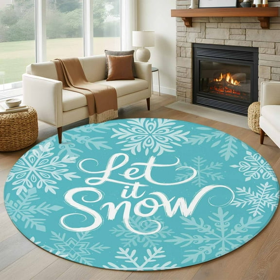 Turquoise Christmas Round Rug 5ft Washable Circle Kitchen Rugs Non Slip Winter White Snowflakes Patterned Large Area Rug Indoor Floor Carpet for Bedroom Living Room Home Office Dining Room Nursery