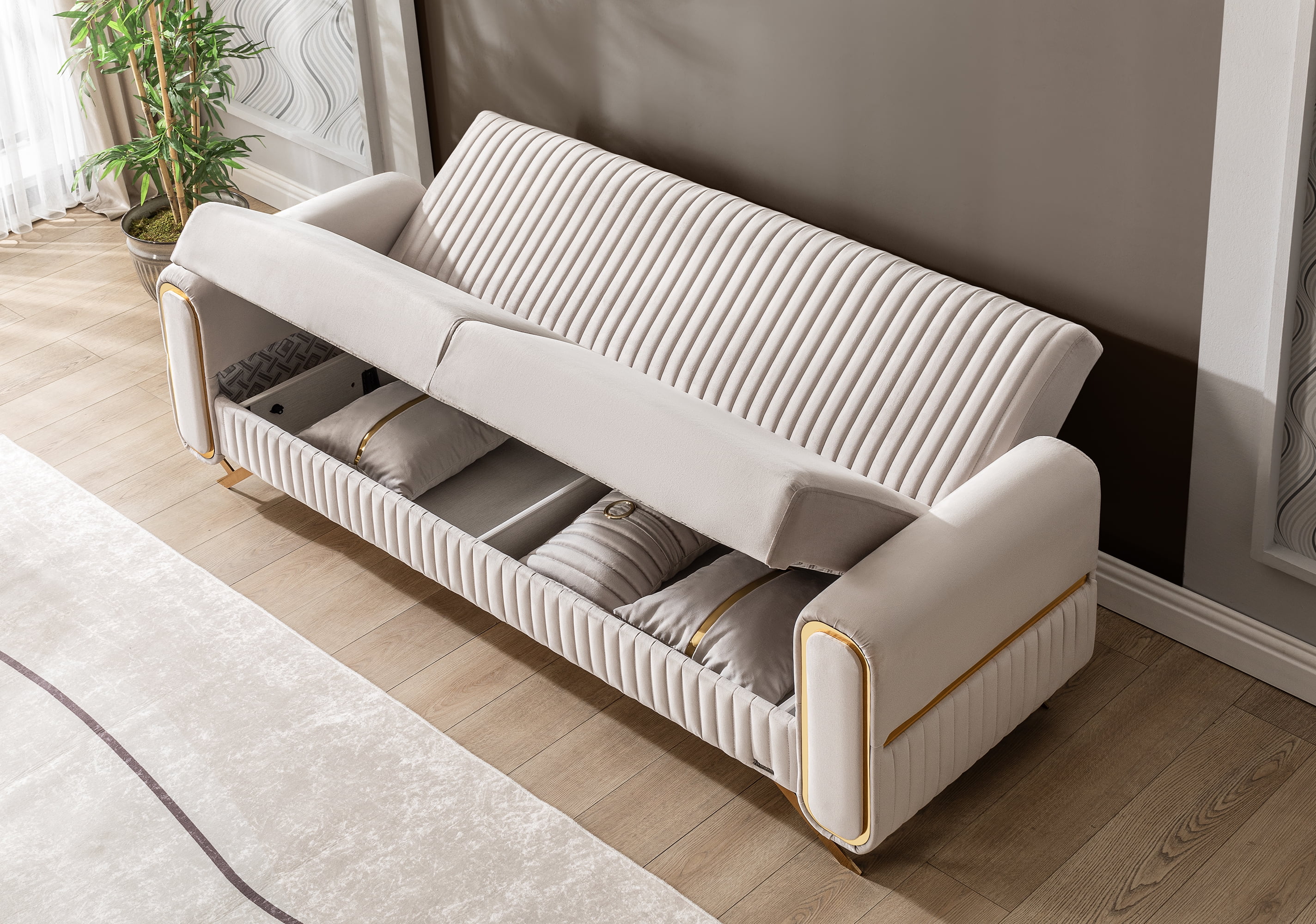Ottomanson 87" Convertible Sofa Couch for Living Room, Microfiber Modern Sofa Bed with Storage, Beige