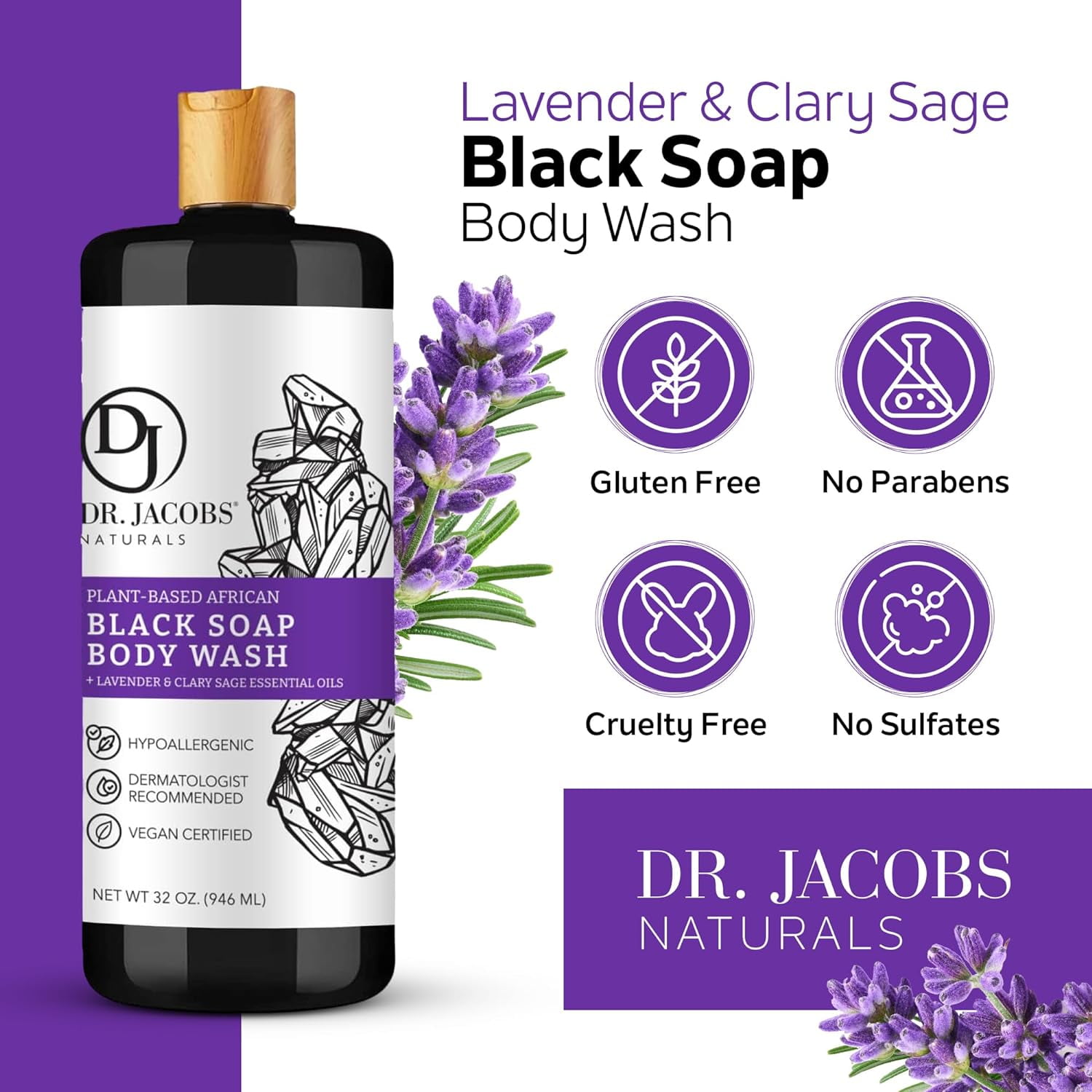 Dr Jacobs Naturals Authentic African Black Soap Body Wash All-In-One Liquid Soap for Face, Body and Hair, Lavender & Sage Scent 32 Oz. 3-Pack