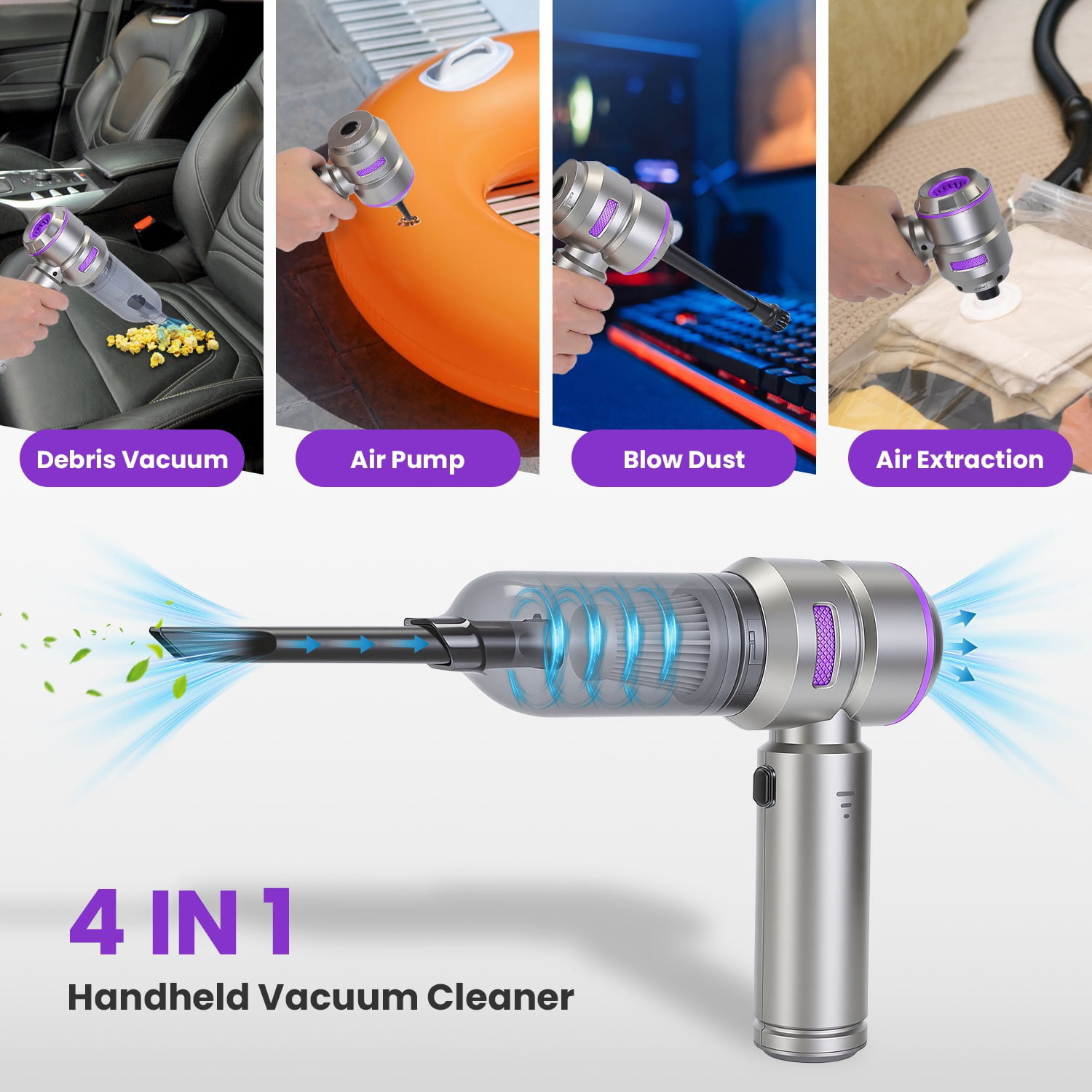 Moclever 4 in 1 Portable Cordless Compressed Air Duster & Blower, 16000PA Handheld Car Vacuum Cleaner with Brushless Motor 2 Reusable Filters, Silver