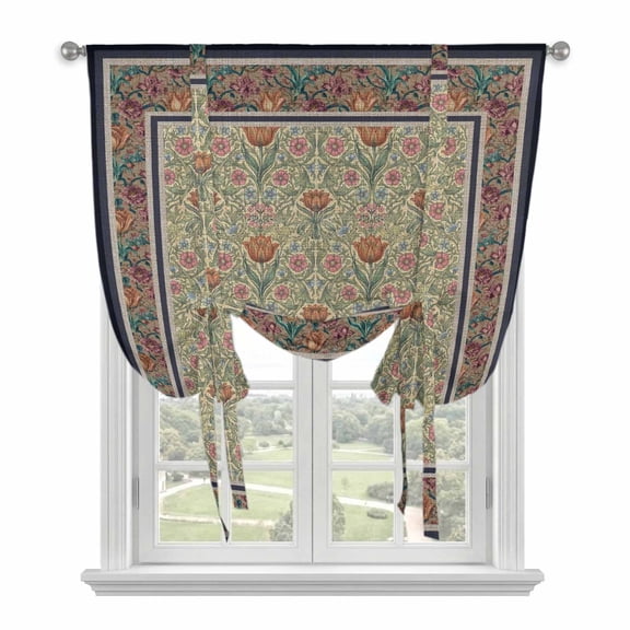 Boho Floral Tie Up Curtains for Windows, Adjustable Balloon Window Shades, Vintage Flowers Abstract Art Ethic Tribe Kitchen Window Treatments Farmhouse Short Curtains with Rod Pocket 42"x45"