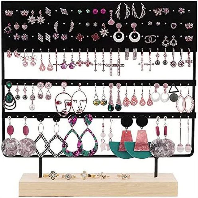 CHAO Organizador de joyas, 144 agujeros (negro) con base de madera, soporte para pendientes colgantes