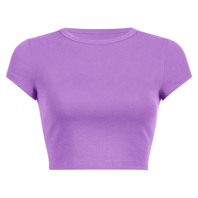 Prolriy Hauts d'Été pour Femmes 2025 T-Shirt Court à Col Rond Uni d'Été pour Femmes Violet1 TTG