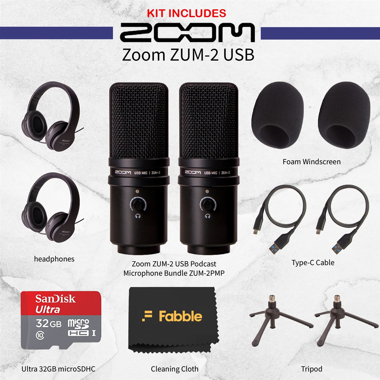 Zoom ZUM-2 Dual Mic Podcasting Bundle – Includes 2 USB Condenser Microphones, 2 Headphones, 2 Tripod Stands, 2 Mic Mounts, 2 Windscreens, 2 USB Cables, 32GB microSDHC Card w/ Adapter & Cleaning Cloth
