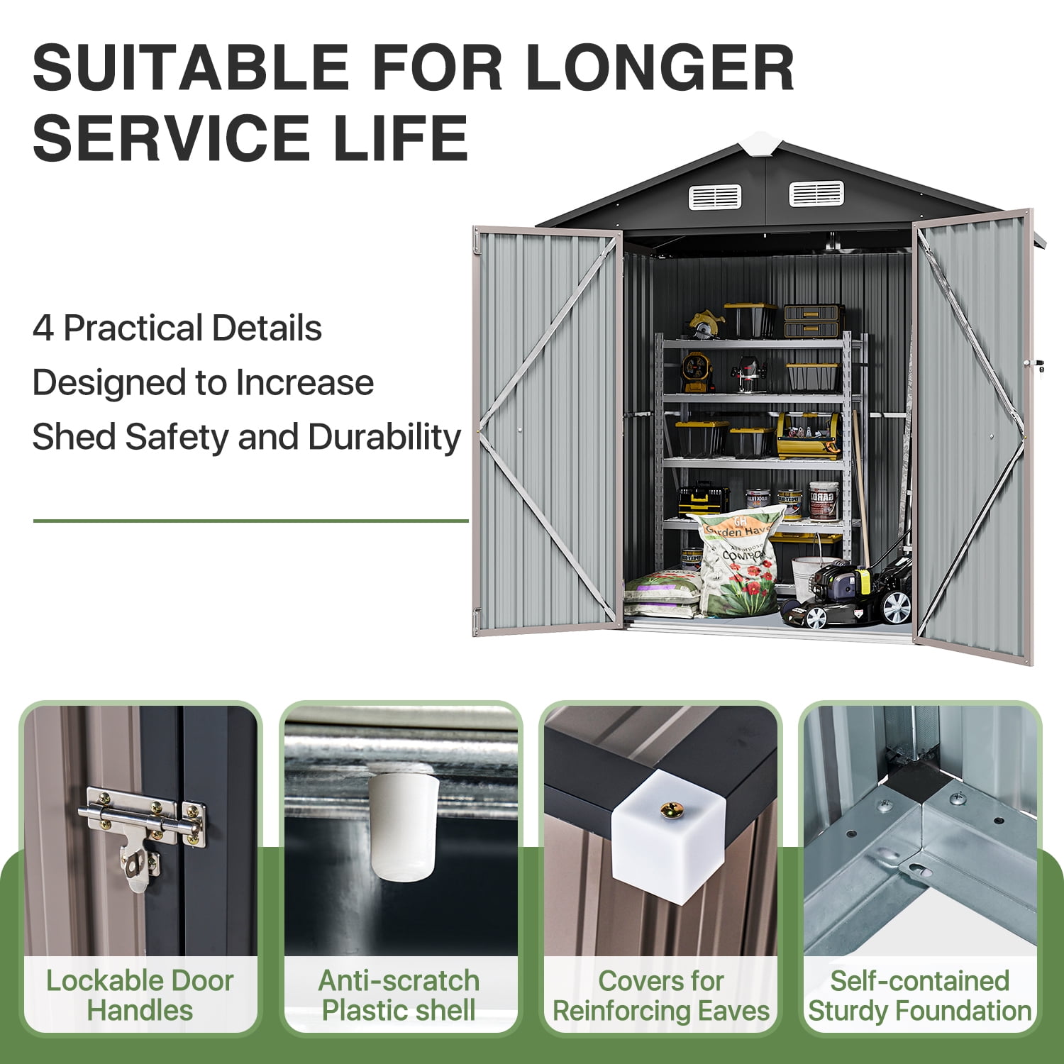 JolyDal 6 x 4 Ft Outdoor Storage Shed with Plastic Floor, Metal Tool Shed with Door and Lock, Brown