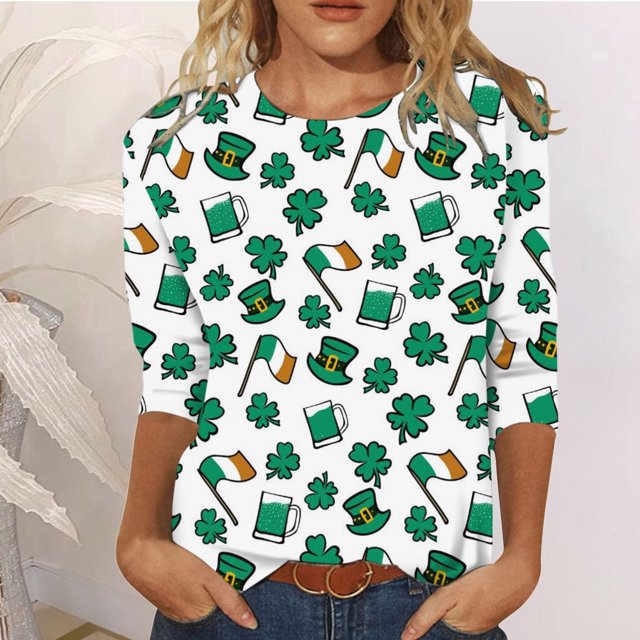 Hauts Habillés pour Femmes Mode T-shirt Imprimé pour la Saint-Patrick Manches 3/4 Blouse Col Rond Hauts Décontractés Hauts pour Femmes Tendance en Liquidation