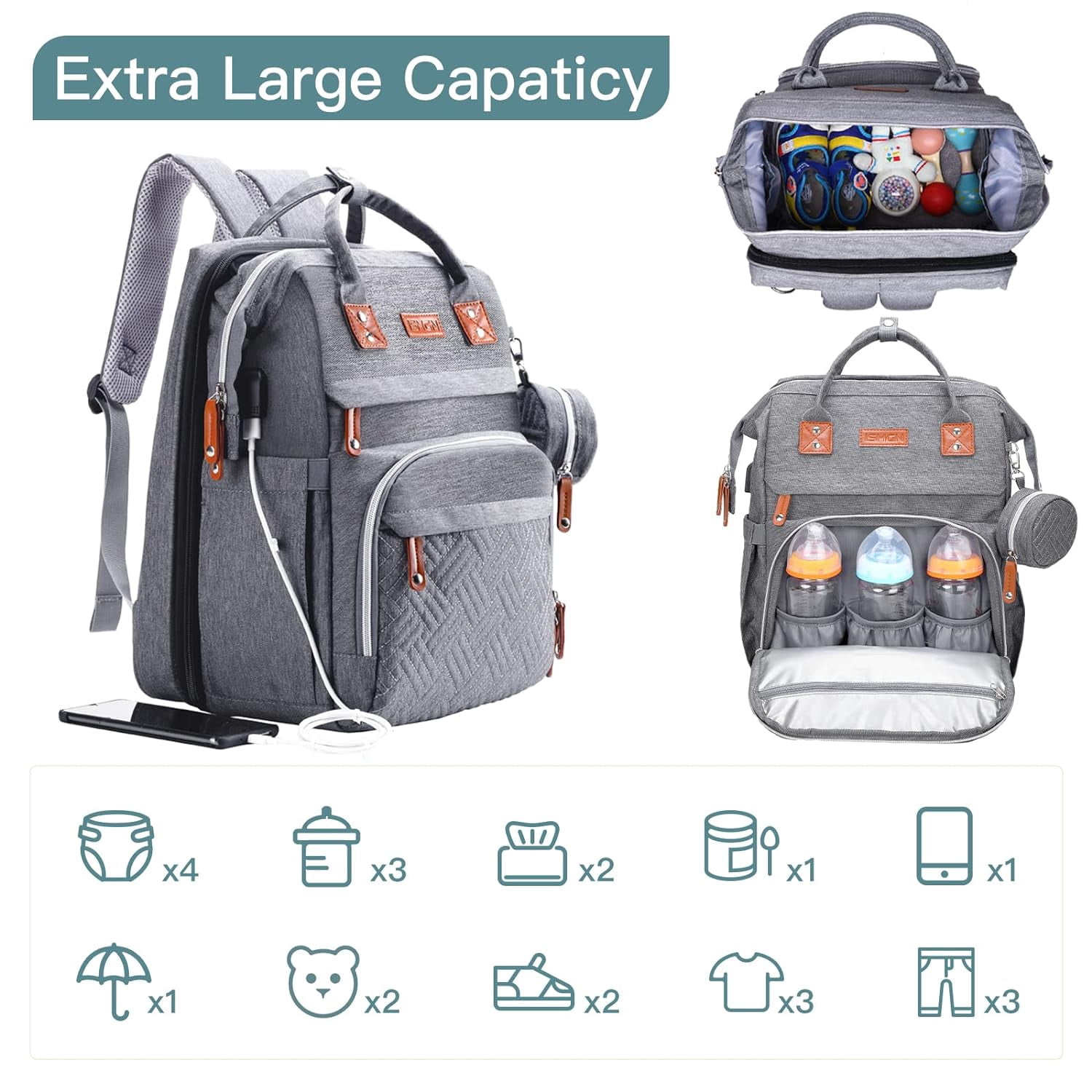 Diaper Bag Backpack, Multifunction Travel Pack Maternity Baby Changing Bags, Large Capacity, Waterproof, Gray