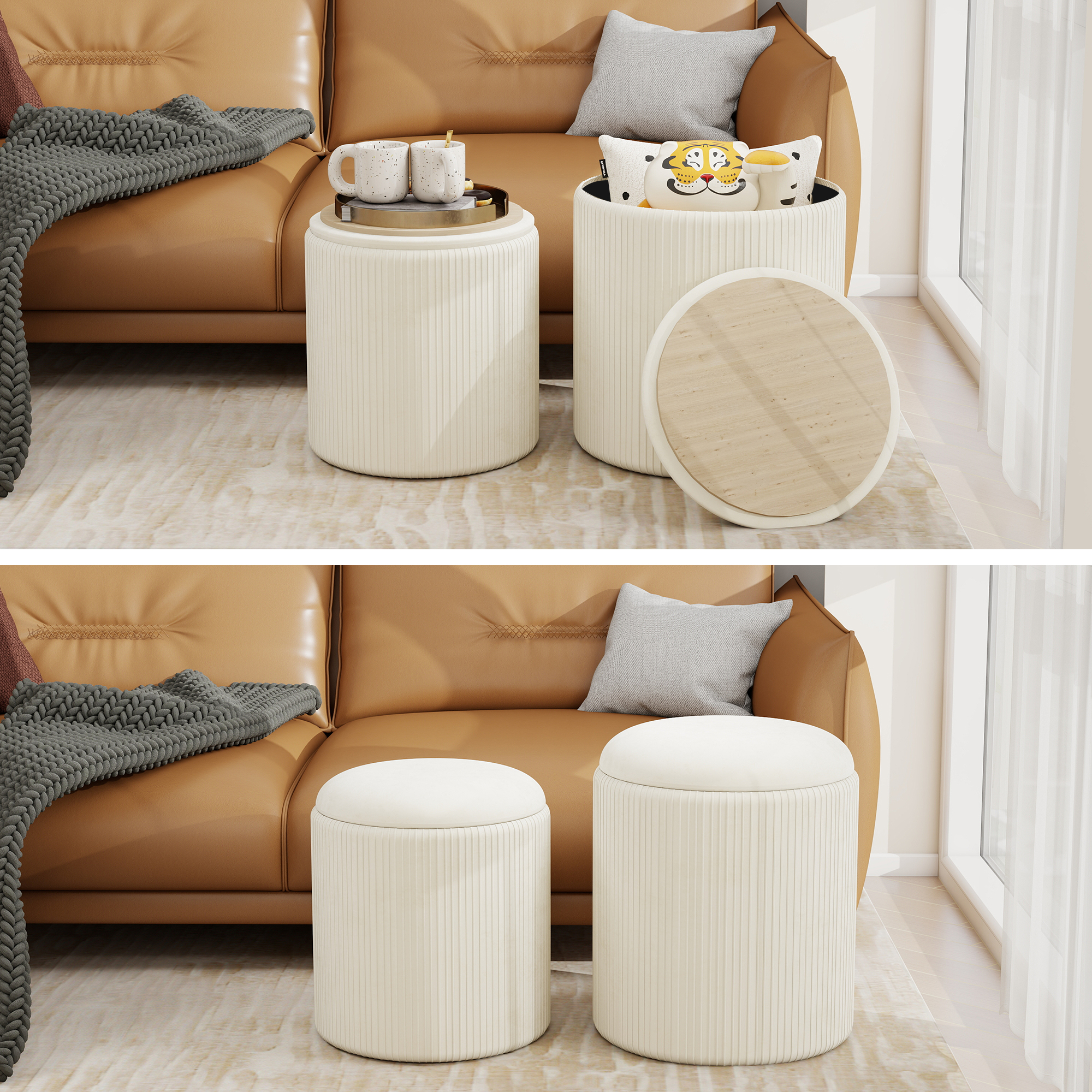 Caroeas Round Ottoman with Storage Set of 2, Upholstered Velvet Storage Ottoman, Vanity Stool for Makeup, Ottoman Foot Rest for Living Room, Bedroom, Beige