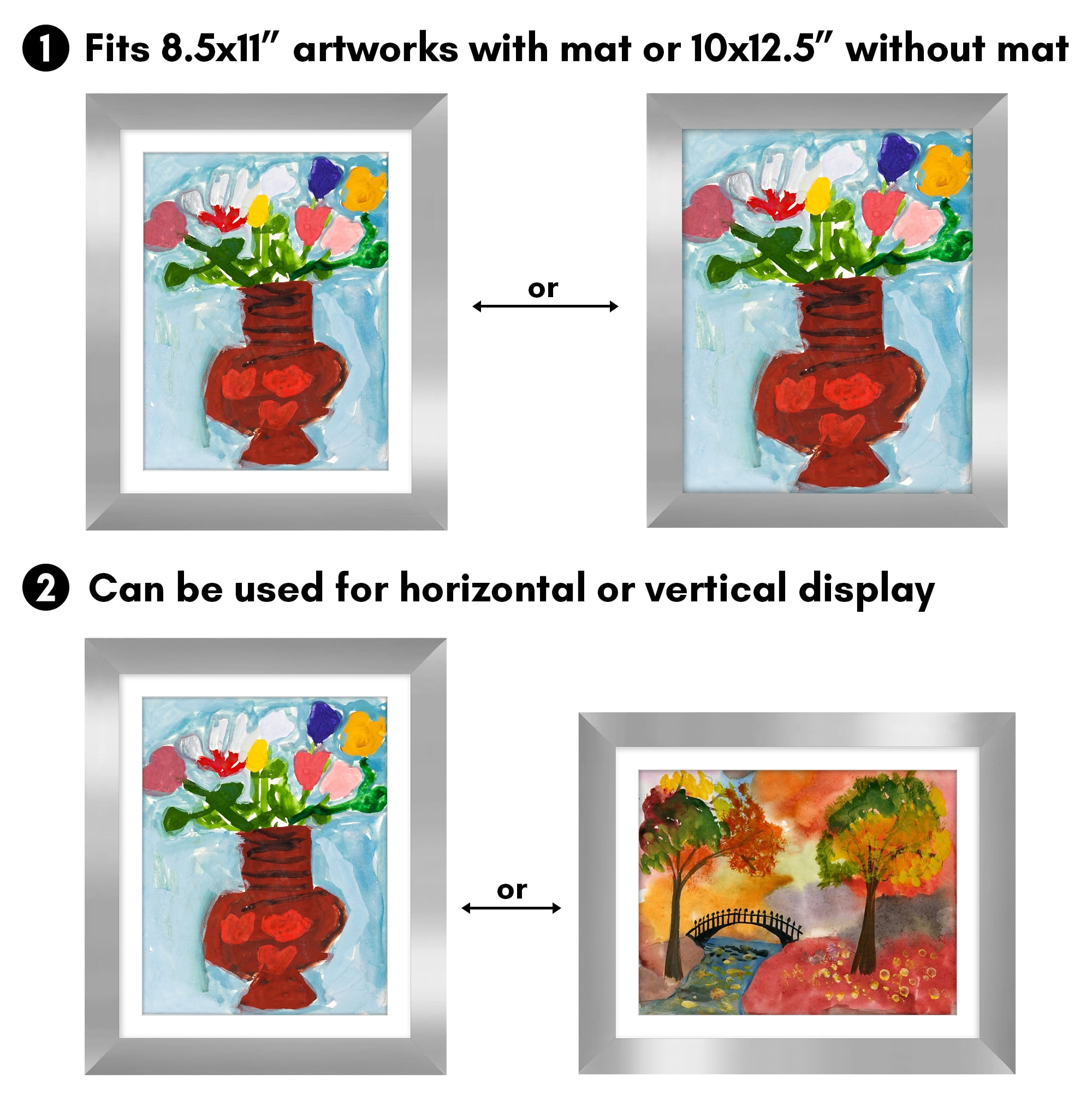 Americanflat 10x12.5 Kids Art Frame with 8.5x11 Mat Holds 100 Art Pieces Magnetic Letter Size Display Mini - Silver