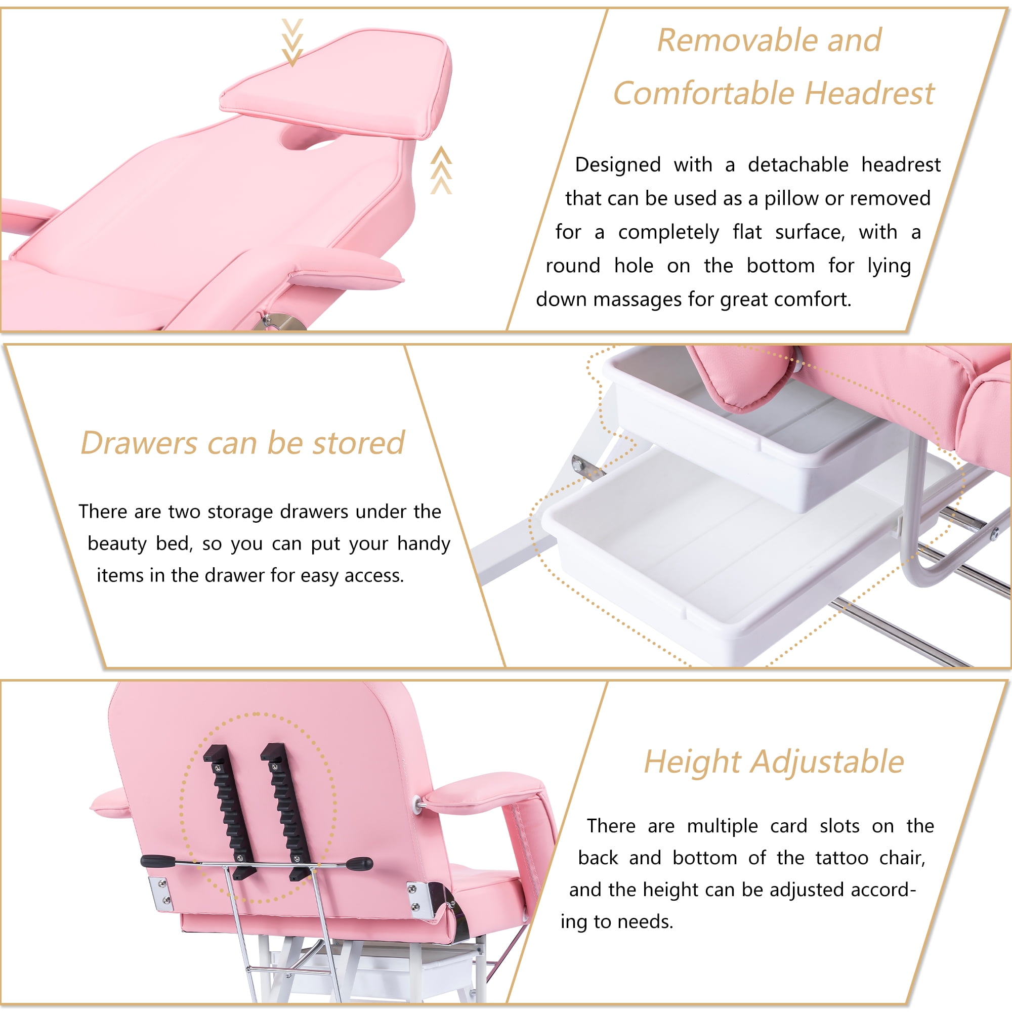 Thanaddo Tattoo Chair Massage Salon with Two Trays， Esthetician Bed with Hydraulic Stool,Multi-Purpose 3-Section Facial Bed Table, Adjustable Beauty Barber Spa Beauty Equipment Pink