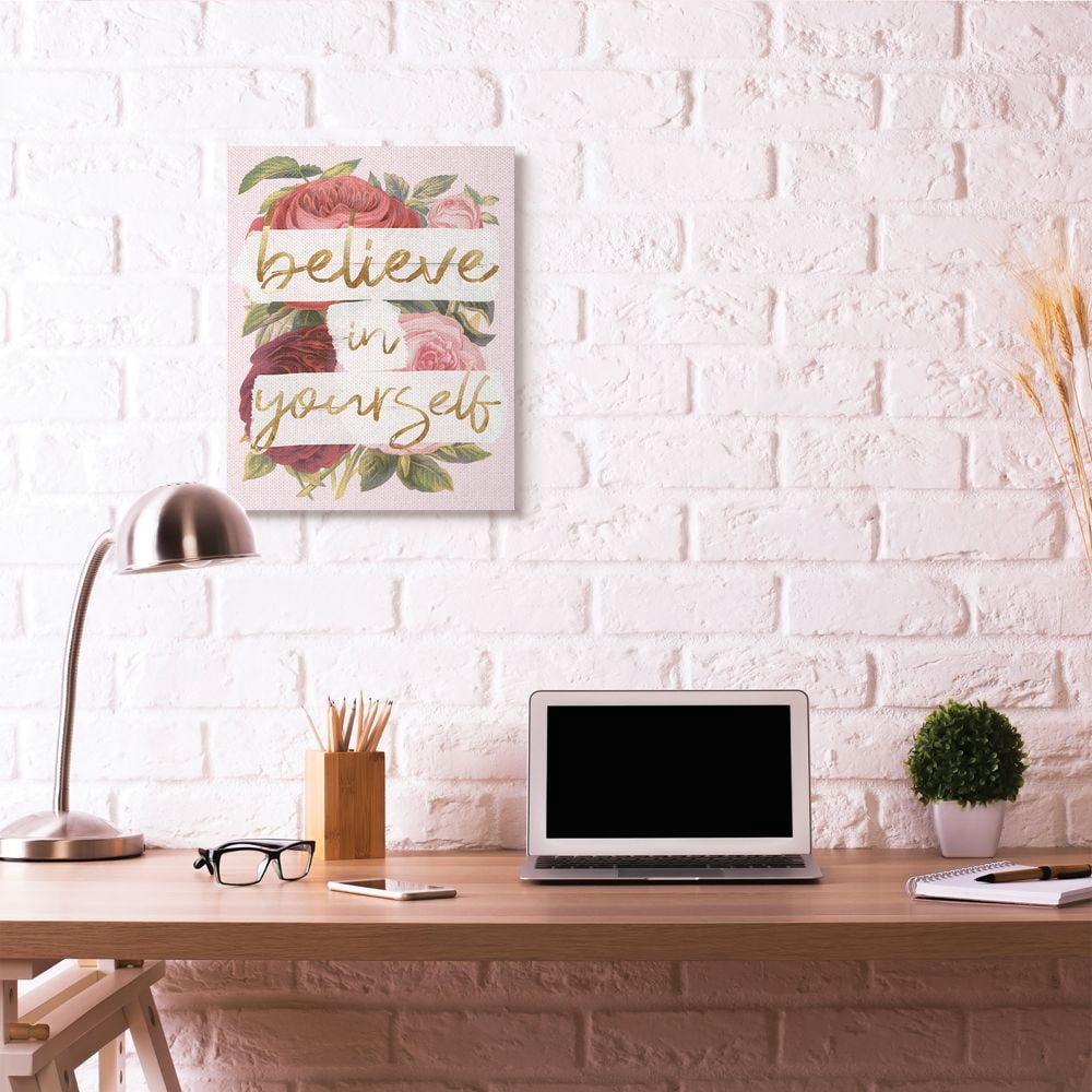 Believe In Yourself Pink Gold Rose Word Design Oversized Stretched Canvas Wall Art by Daphne Polselli