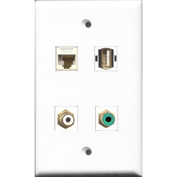 RiteAV 1 Port RCA White and 1 Port RCA Green and 1 Port USB A-A and 1 Port Cat6 Ethernet White Wall Plate