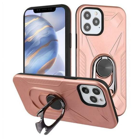 Apple iPhone 12 Pro Max /6.7" Phone Case Hybrid Dual Layers Armor Rugged Shockproof for Car Magnetic Mount with Beers Bottle Opener & Ring Holder Kickstand Cover [ROSE GOLD] for iPhone 12 PRO MAX