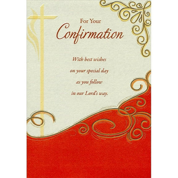 Designer Greetings Gold Cross and Swirls with Red Confirmation Card