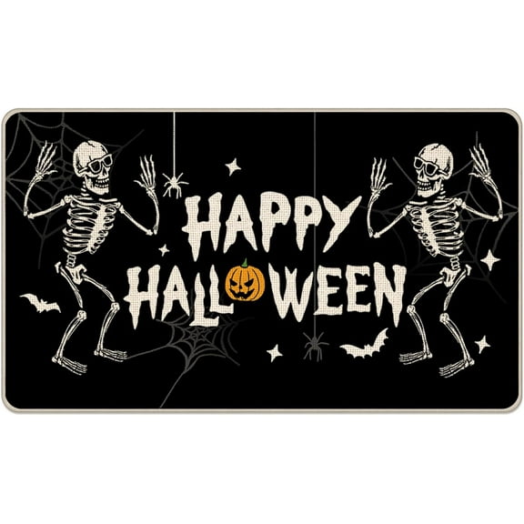 Happy Halloween Skeleton Decorative Front Door Mat, Spider Web Bat Doormat Indoor Outdoor Non-Slip Floor Entryway Rug, Funny Holiday Party Black Home Kitchen Decoration 17x29 Inch