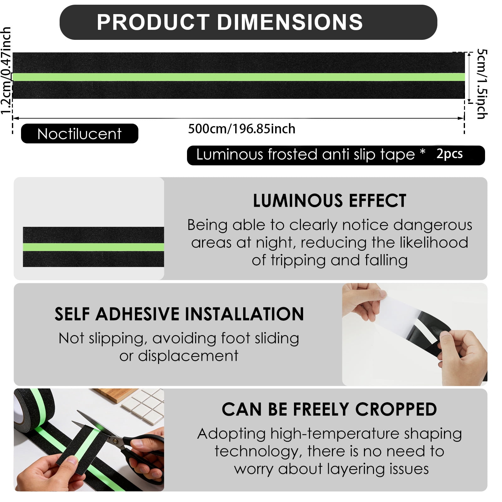 2 Pcs Non Slip Grip Tape with Glow in Dark 2 inch x16.4ft Waterproof Anti Slip Traction Tape for Stairs Floors Decks Bathrooms Outdoors