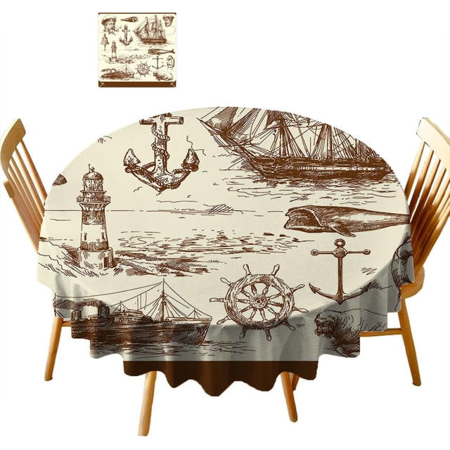 Nappe Ronde, Diamètre 43 Pouces Effet Dessin Rétro Océan Design Thème Marin, Housse de Table en Tissu pour Table à Manger