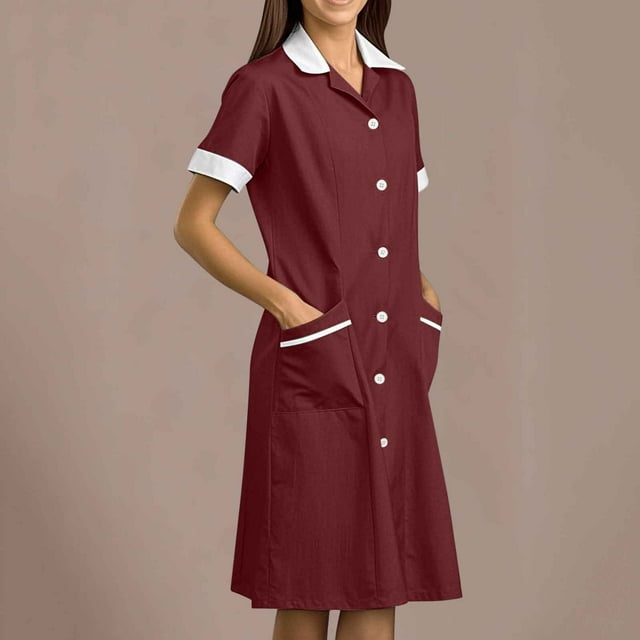 Tidyack , Offre Exclusive, Robe à Revers d'Infirmière, Robe de Travail Unie, Poches + Empiècement à Boutons, Longueur Midi, pour le Personnel de la Santé, Tenue de Travail Professionnelle, Mélange de Coton, Coupe Nette, Uniforme Quotidien