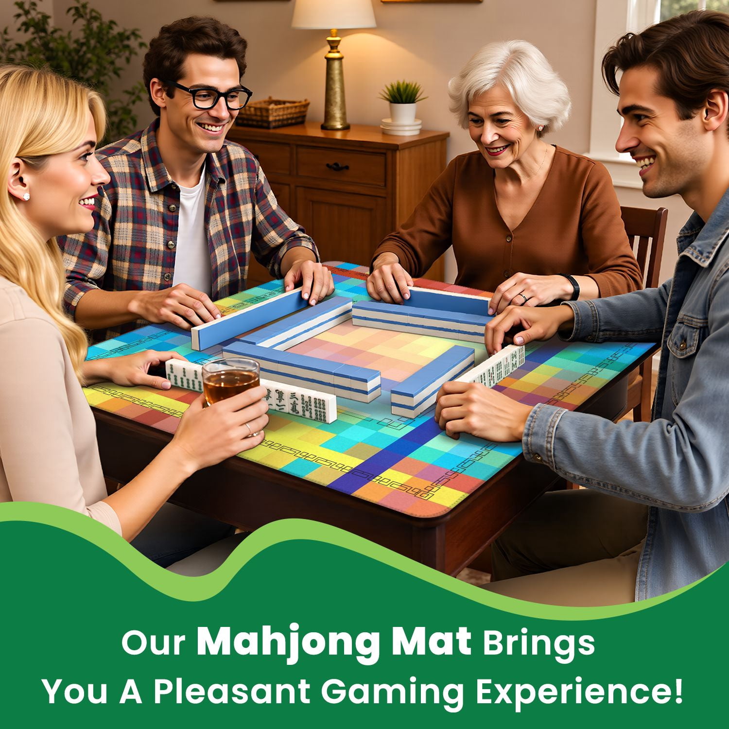 Mahjong Mat 31.5" x 31.5" Abstract Geometric Bold Shapes Vibrant Colors Non-Slip Noise Reduction American Mahjong Tiles Table Cover for Dominoes Poker Card Board Games Gift