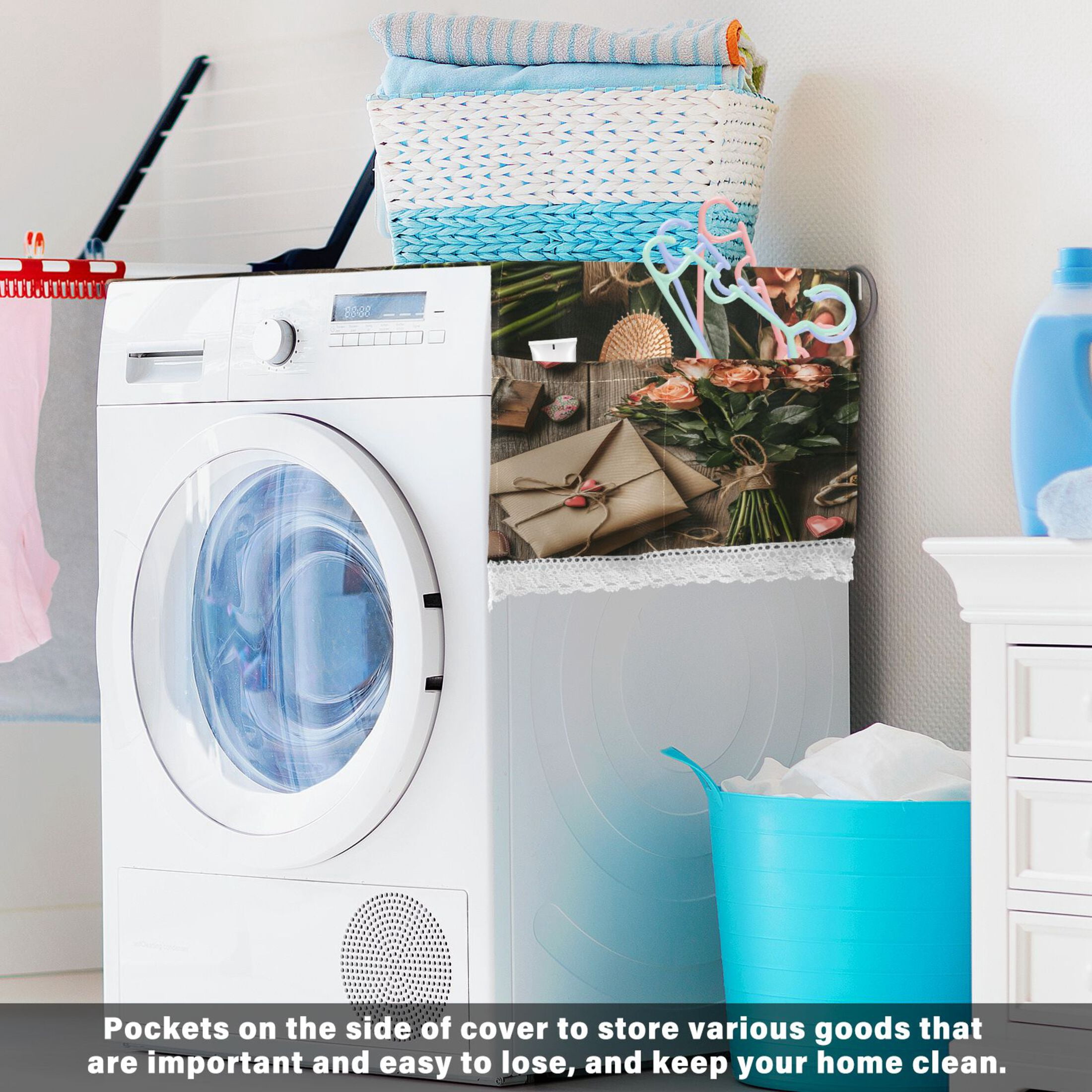 Pink RoseWasher and Dryer Covers Dust-Proof and Oil Resistant Fridge Cover with 4 Storage Pockets Washing Machine Top Cover for Laundry Kitchen Home 51.2 x 22 In
