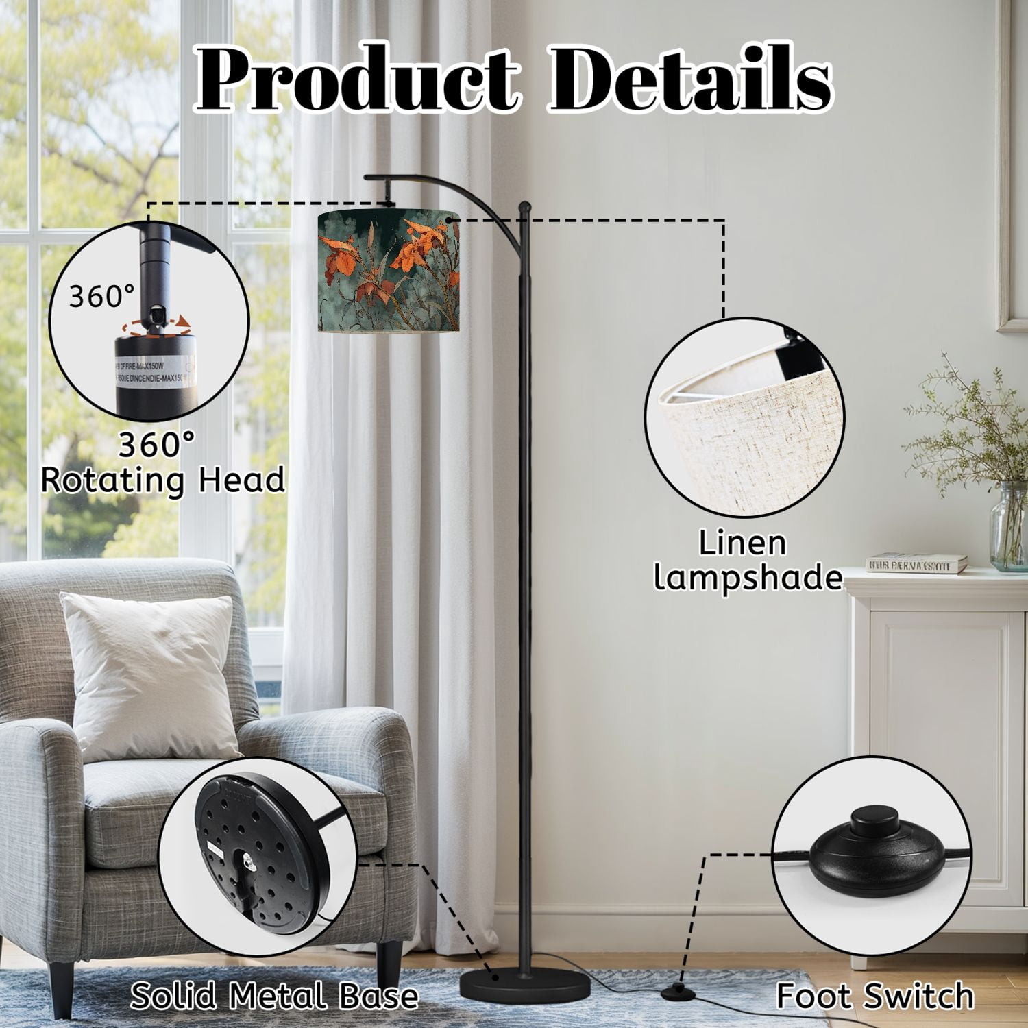 Arc Floor Lamp with Adjustable Lampshade Mystical Flower Cascading Blooms Curled Tendrils Standing Lamp 3 Color Temperatures Dimmable Tall Pole Lamp with Foot Switch for Bedroom