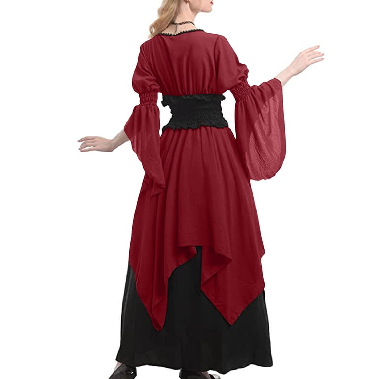 Levmjia Women Dresses Flowy Gothic Witch Costume Elegant Long Sleeve Medieval Renaissance Party Victorian Pirate Witch Chiffon Halloween