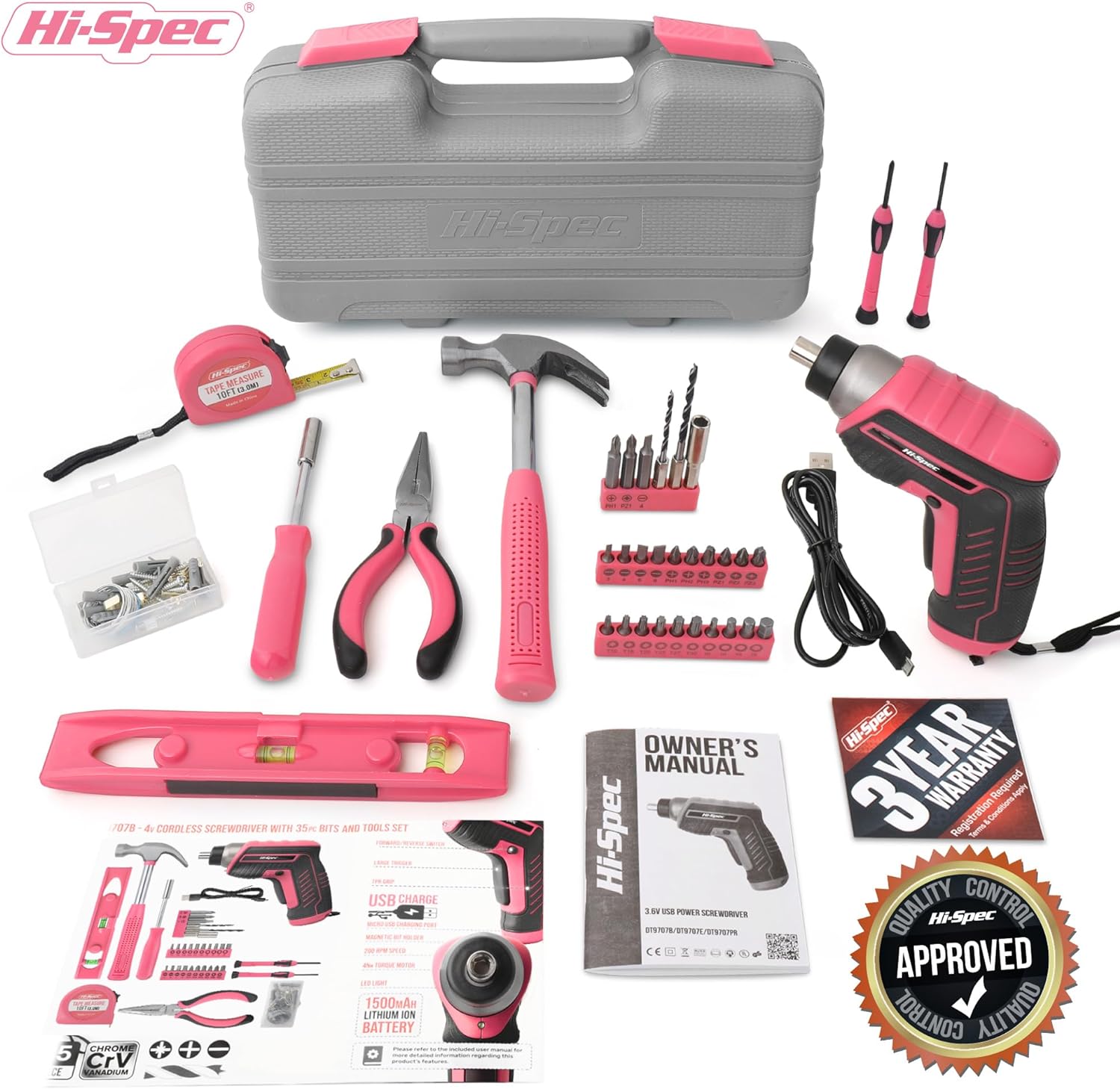 Hi-Spec 35pc Pink Electric Screwdriver Kit, USB Rechargeable photo 6