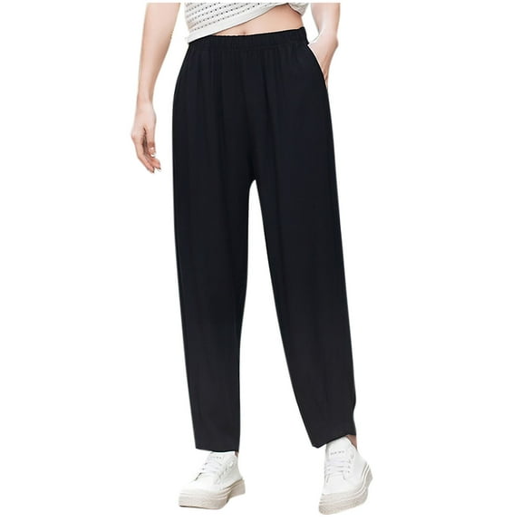 Busydd Work Pants for Women Solid Color Elastic Waist Wide Leg Pants Casual Loose Hiking Pants Loose Lightweight Straight Leg Sweatpants with Pockets