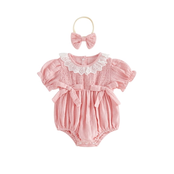 Cenuakty Girl 2 Piece Outfit Lace Trim Short Sleeve Smocked Bubble Romper and Bow Headband Cute Summer Clothes