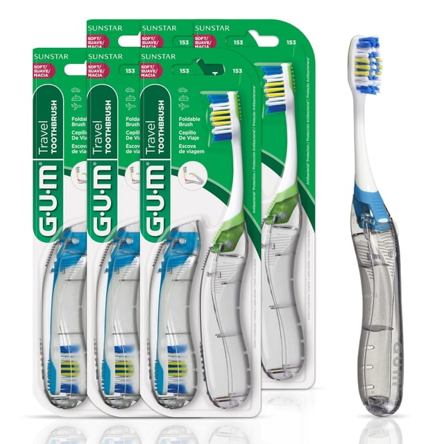 Cepillo de dientes GUM, plegable, de viaje, con cabeza compacta, cerdas suaves, 2 unidades