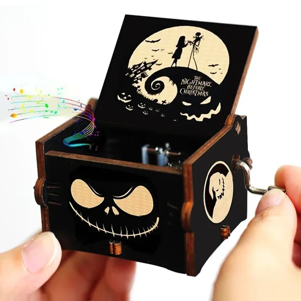 Manivela de mano de madera tallada antigua, caja de música de feliz Halloween, decoración de feliz Halloween, regalo de cumpleaños de Navidad