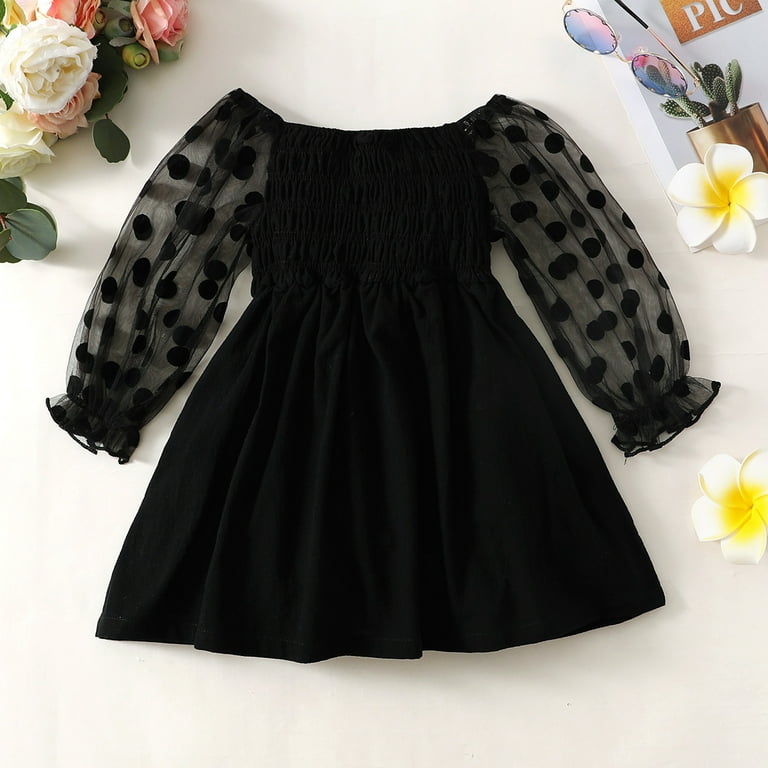 Mioglrie 5T Baby Girls Dress 6T Girls Long Sleeve Dress Solid Color Off The Shoulder Little Girls Dress Black Infant Girl s Size 5 6 Years