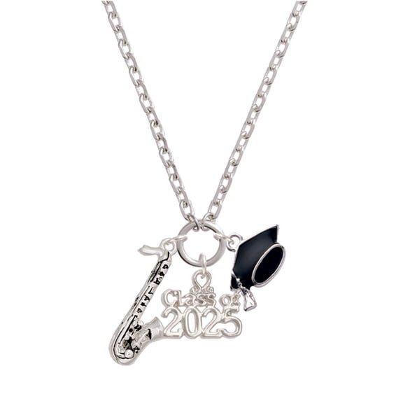 Delight Jewelry Silver-tone Saxophone - Silver-tone Class of 2025 Graduation Zoey Necklace, 28"