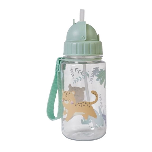 SARO Kids Cheetah Green Water Bottle 450ml - Spill-Proof Straw & Carry Handle for Active Kids