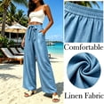thumbnail image 3 of Women's Cotton Linen Wide Leg Pants, High Waist Tie Front Button Decor Textured Trousers with Pockets All-Day Comfort for Work, Office, Travel, Daily | TruBelle,Sky Blue L, 3 of 9
