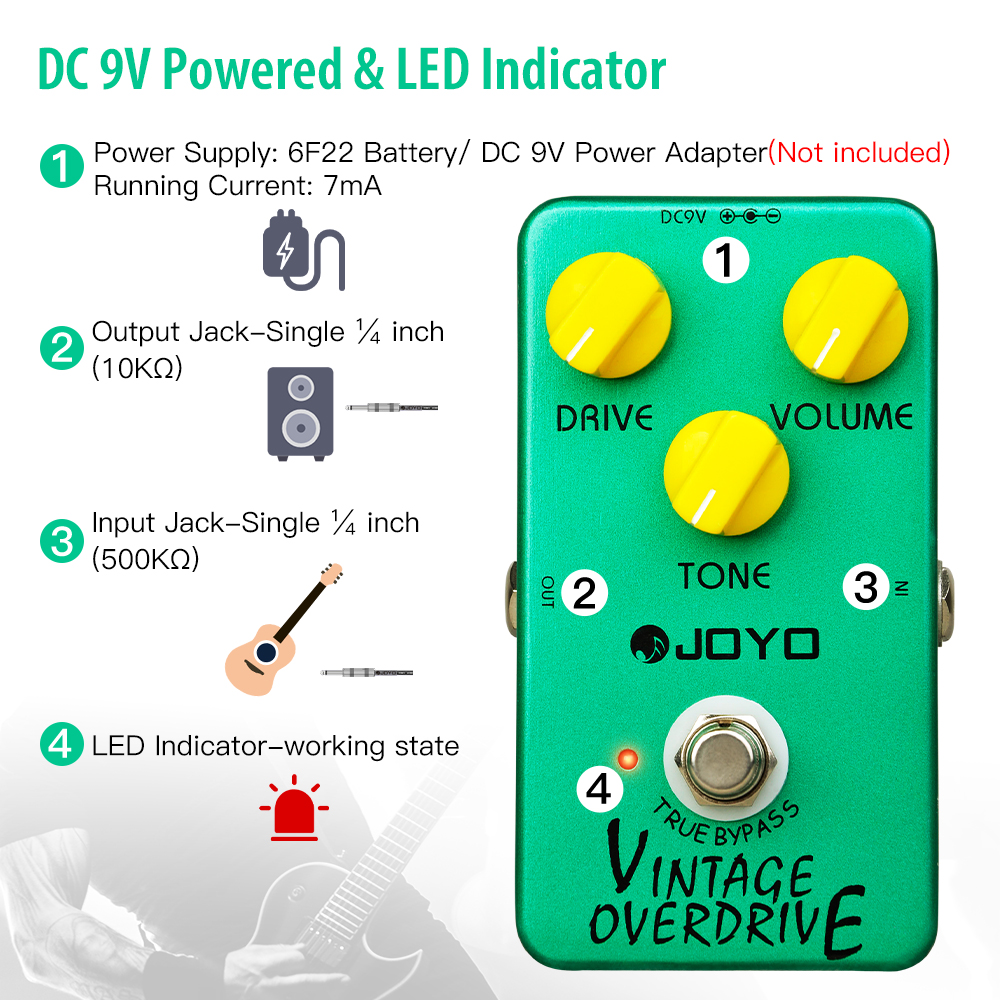 JOYO Warm Smooth Overdrive Effect Pedal, 3-Knob Control for Blues Rock Rhythm & Lead for Home Practice