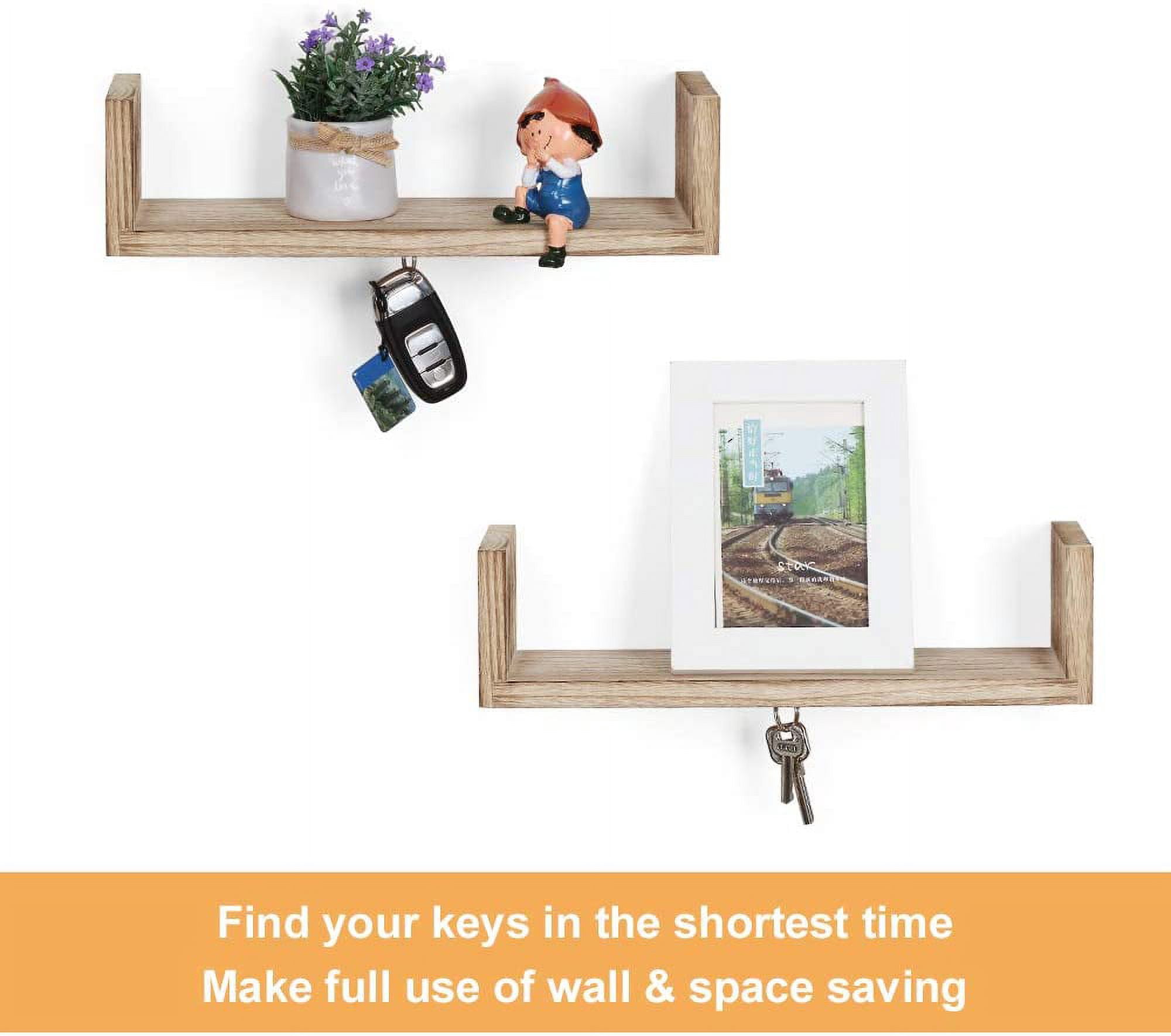 LIANTRAL NEX 2 Pack U Shape Wood Floating Shelf with Magnetic Key Holder