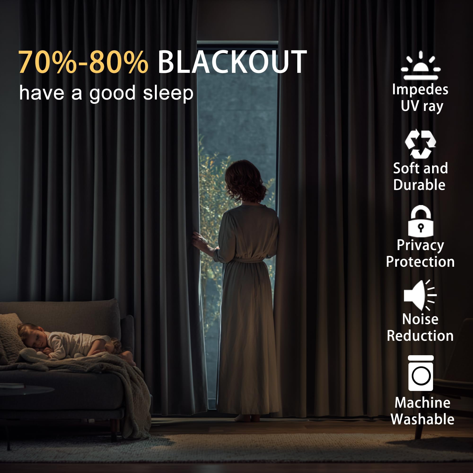 JIUZHEN Brown Grommet Blackout Curtains for Bedroom, Thermal Insulated & Light Blocking Window Curtains for Living Room, 2 Panels with Tiebacks, 42 x 54 Inch Length