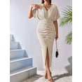 thumbnail image 6 of Womens Metallic Faux Wrap Cocktail Dress Solid Color V-Neck Pleated High Slit Short Sleeve Midi Dress M, 6 of 9