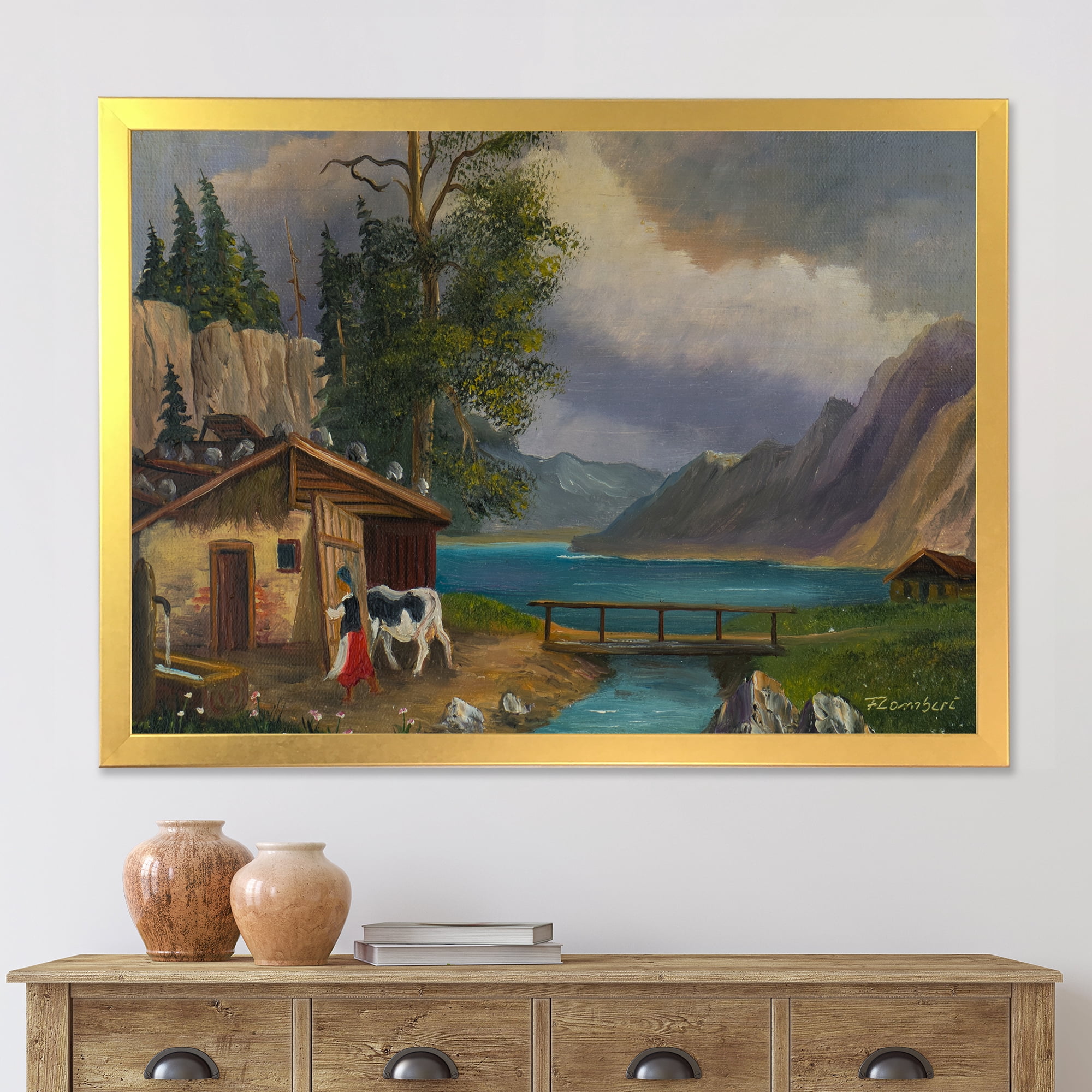 Girl Brings The Cow Into The Stable At A Lake 40 in x 30 in Framed Painting Canvas Art Print, by Designart