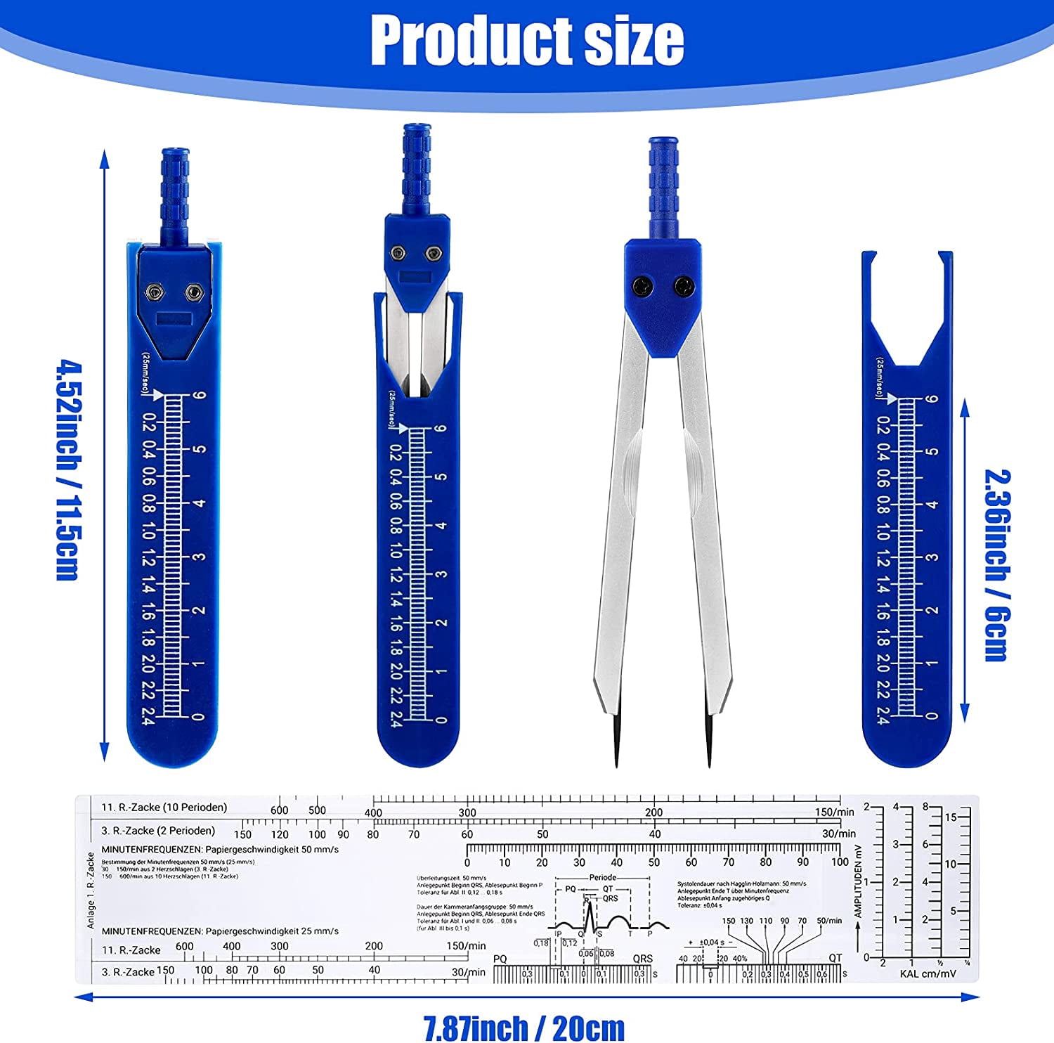 2 Pack EKG Calipers EKG Ruler Card Combination Set ECG Drafting Electrocardiographs Measuring Tool for Doctors, Nurses, Medical Student(Black and Blue)