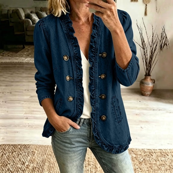 Vxararl Womens Chic Trendy Ruffle Trim Denim Jacket Long Sleeve Button‑Up Casual Vintage Lightweight Fall Jean Outerwear Jackets with Side Pockets Blue M