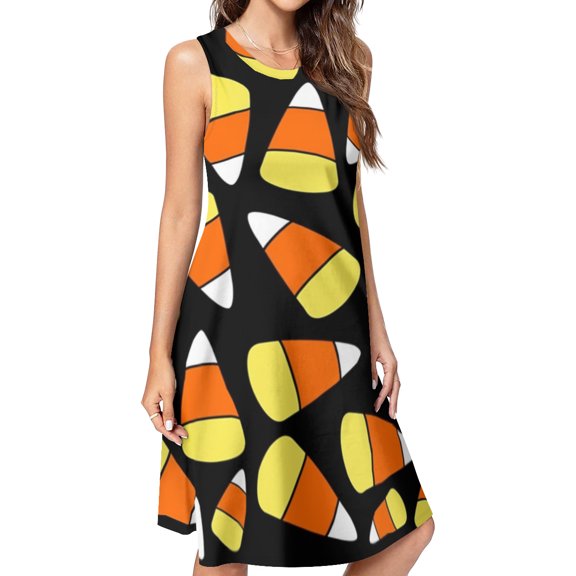 Candy Corn Pattern Halloween Spring Summer Dresses for Women Fashion T-shirt Dress Casual Sleeveless Loose Sundress with Pockets