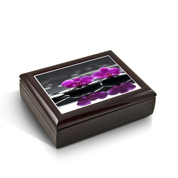 A Zen-Like Setting With Purple Orchids Tile Musical Jewelry Box - Somewhere in Time