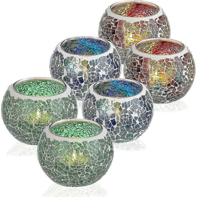 Set Of 6 Mosaic Glass Tea Light Candle Holders, Decorative Votive Candle Stand, Round Candle Holder Centerpieces For Table, Wedding, Party, Home Decor