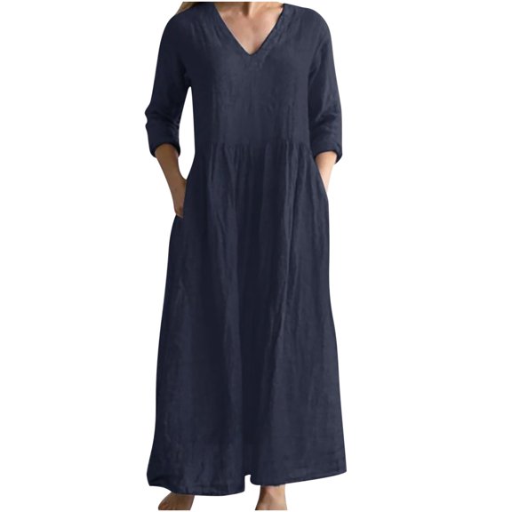 Edvintorg Maxi Dresses For Women Clearance Fashion Women's Fall V-Neck 3/4 Sleeve Cotton Linen Dress Casual Loose Plus Size Dress With Pockets